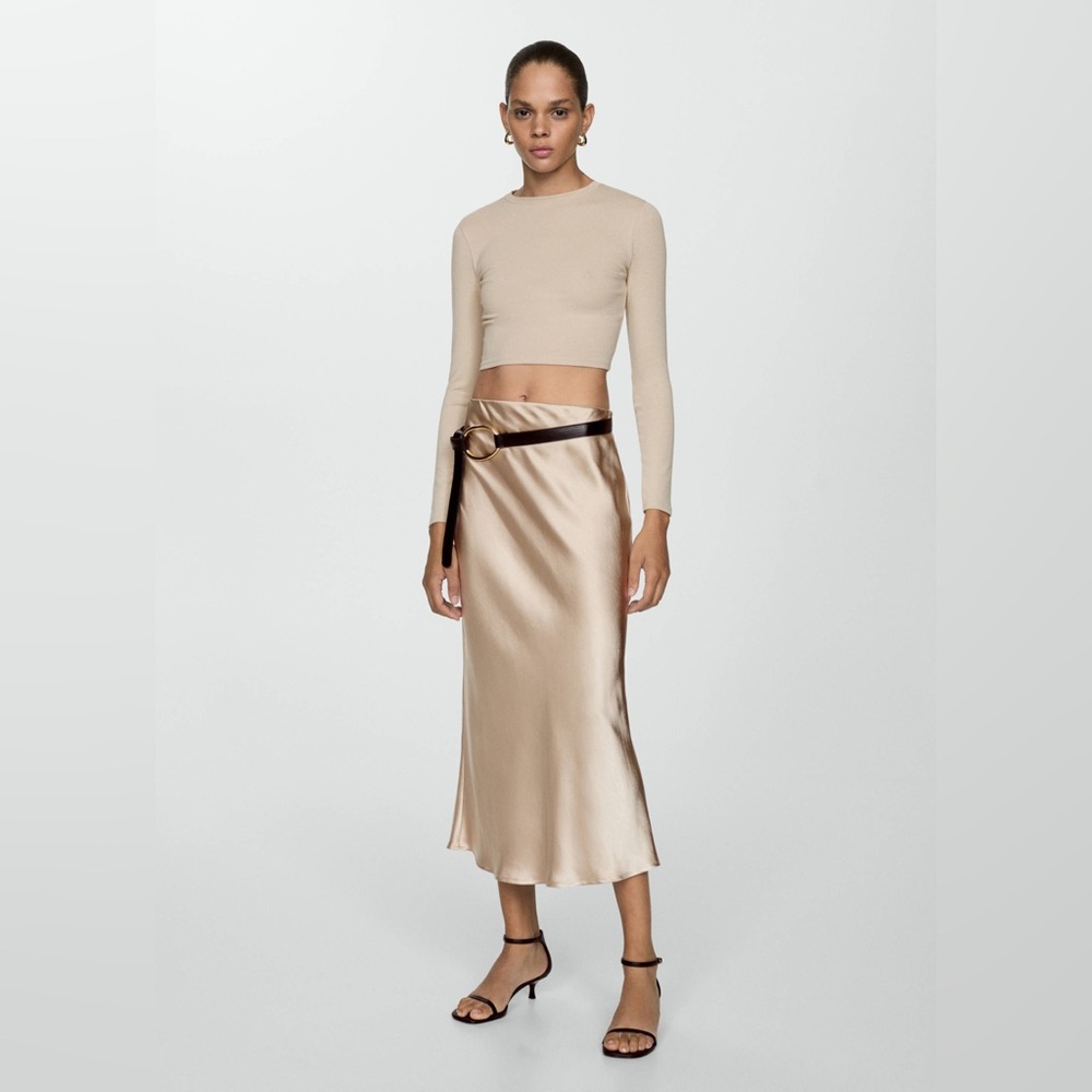 Mango Satin Midi Skirt in Champagne